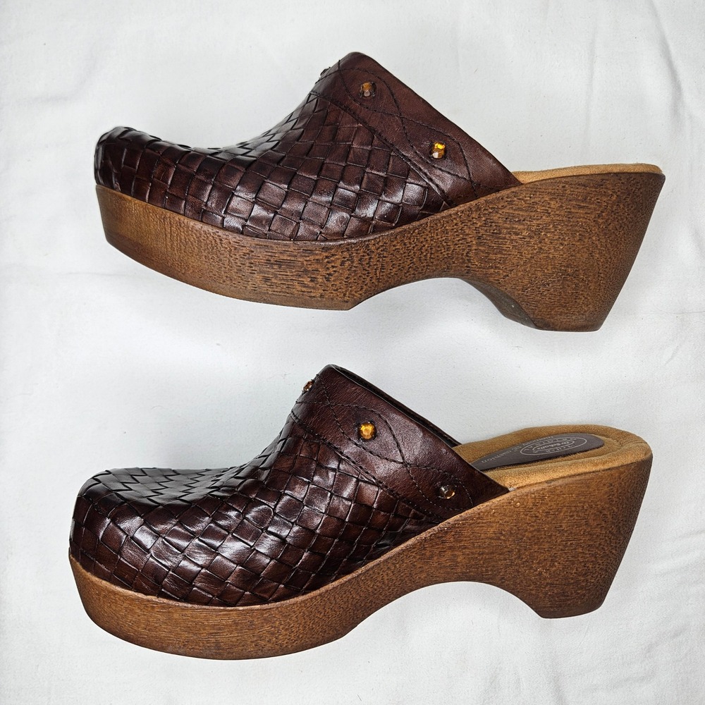Dr Scholls Lattice Brown Woven Leather Clog Mules Wedge Platform Rhinestone 9M - Picture 5 of 9